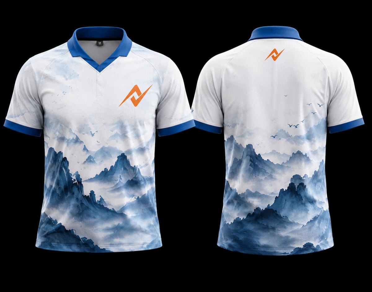 Front and back view of a white and blue Misty Peaks K-Pop jersey featuring watercolor mountain artwork with chest logo and back neck logo.