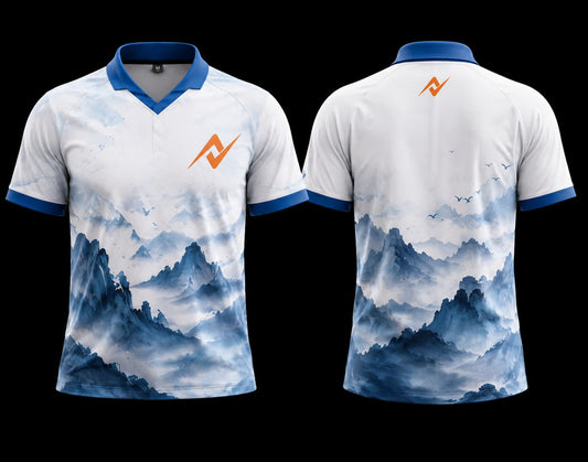 Front and back view of a white and blue Misty Peaks K-Pop jersey featuring watercolor mountain artwork with chest logo and back neck logo.