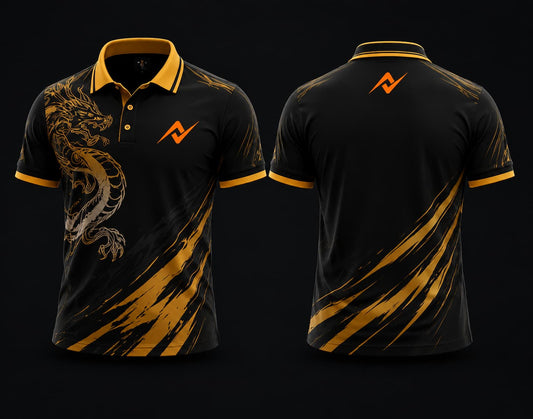 Front and back view of a black and gold Mobile Legends polo collar esports jersey featuring a gold dragon graphic, orange team logo on the left chest, and logo below the back collar.
