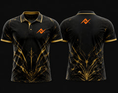 Black and gold Mobile Legends polo collar esports jersey with front and back views featuring premium gaming design and customizable team branding.