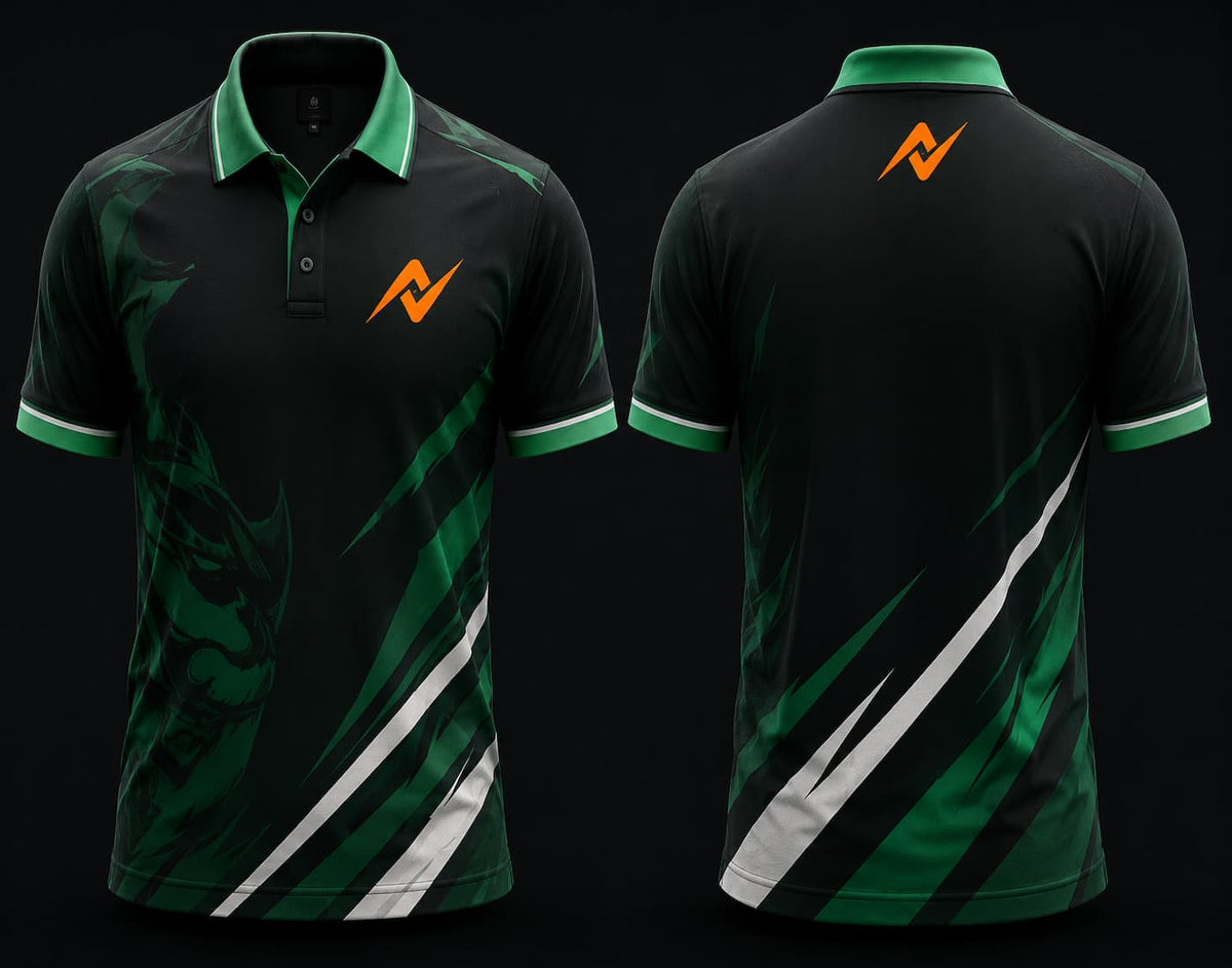 Front and back view of a black and green Mobile Legends polo collar esports jersey featuring an orange team logo on the left chest and below the back collar.