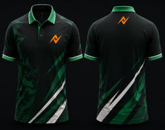 Front and back view of a black and green Mobile Legends polo collar esports jersey featuring an orange team logo on the left chest and below the back collar.