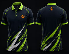 Front and back view of a black and lime green Mobile Legends polo collar esports jersey featuring an orange team logo on the left chest and below the back collar with dynamic lightning graphics.