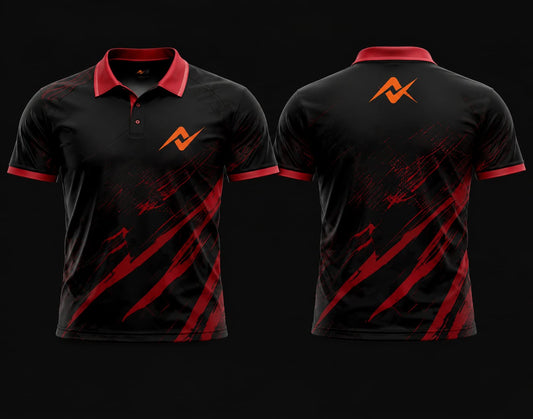 Front and back view of a black and crimson red Mobile Legends polo collar esports jersey featuring claw-inspired graphics with an orange logo on the left chest and upper back.