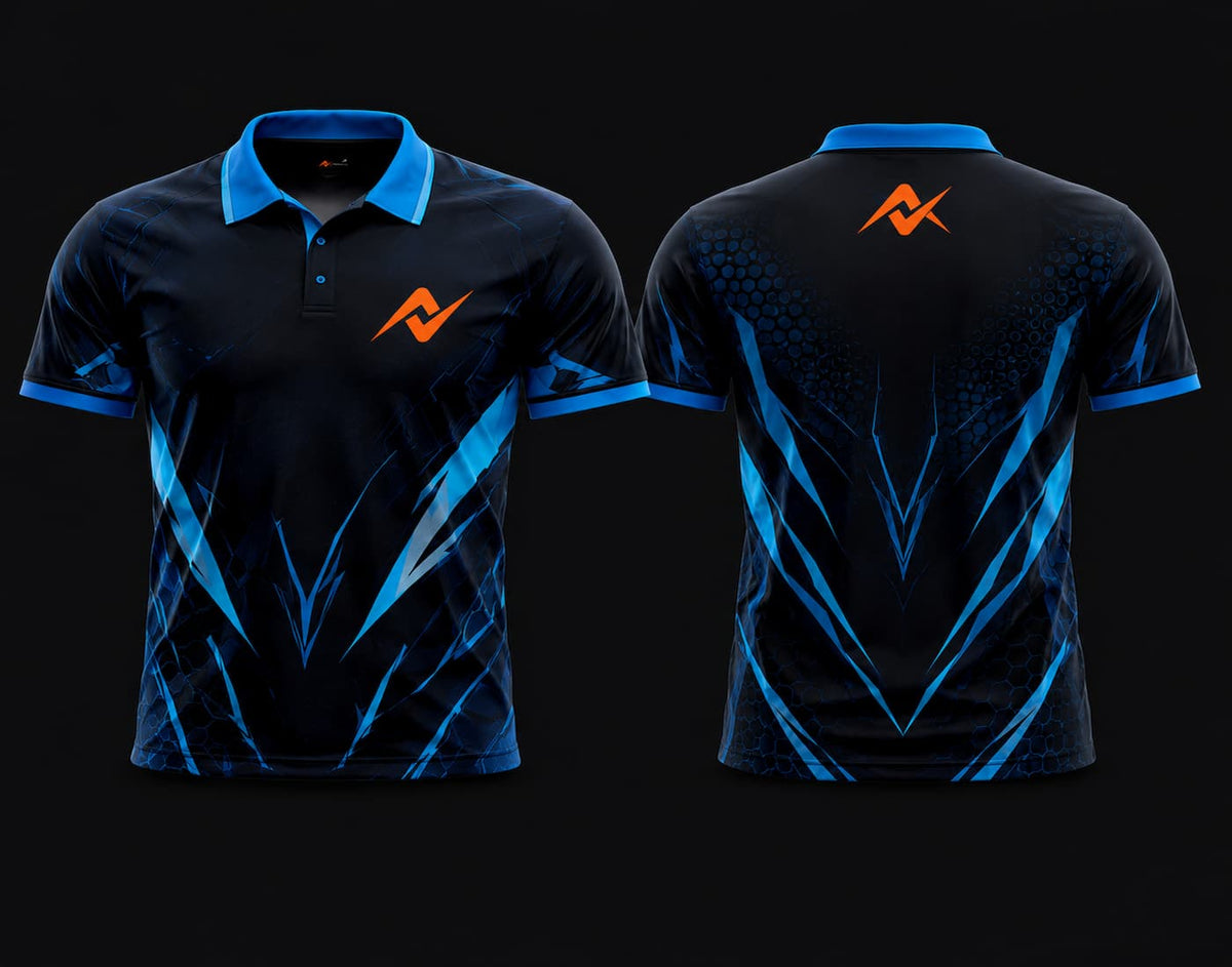 Front and back view of a black and electric blue Mobile Legends polo collar esports jersey featuring futuristic lightning graphics with an orange logo on the chest and upper back.