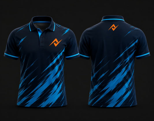 Navy blue Mobile Legends polo collar esports jersey with electric blue lightning pattern, custom orange logo on the left chest and below the back collar, front and back mockup.