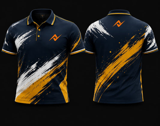 Front and back view of a navy blue, gold, and white Mobile Legends polo collar esports jersey featuring bold brushstroke graphics with an orange logo on the left chest and below the back collar.