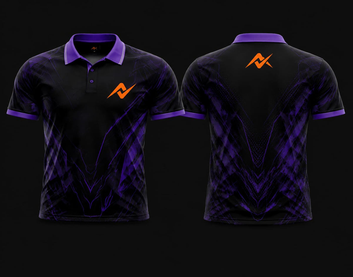 Front and back view of a black and purple Mobile Legends polo collar esports jersey featuring futuristic cyber graphics with an orange logo on the left chest and upper back.