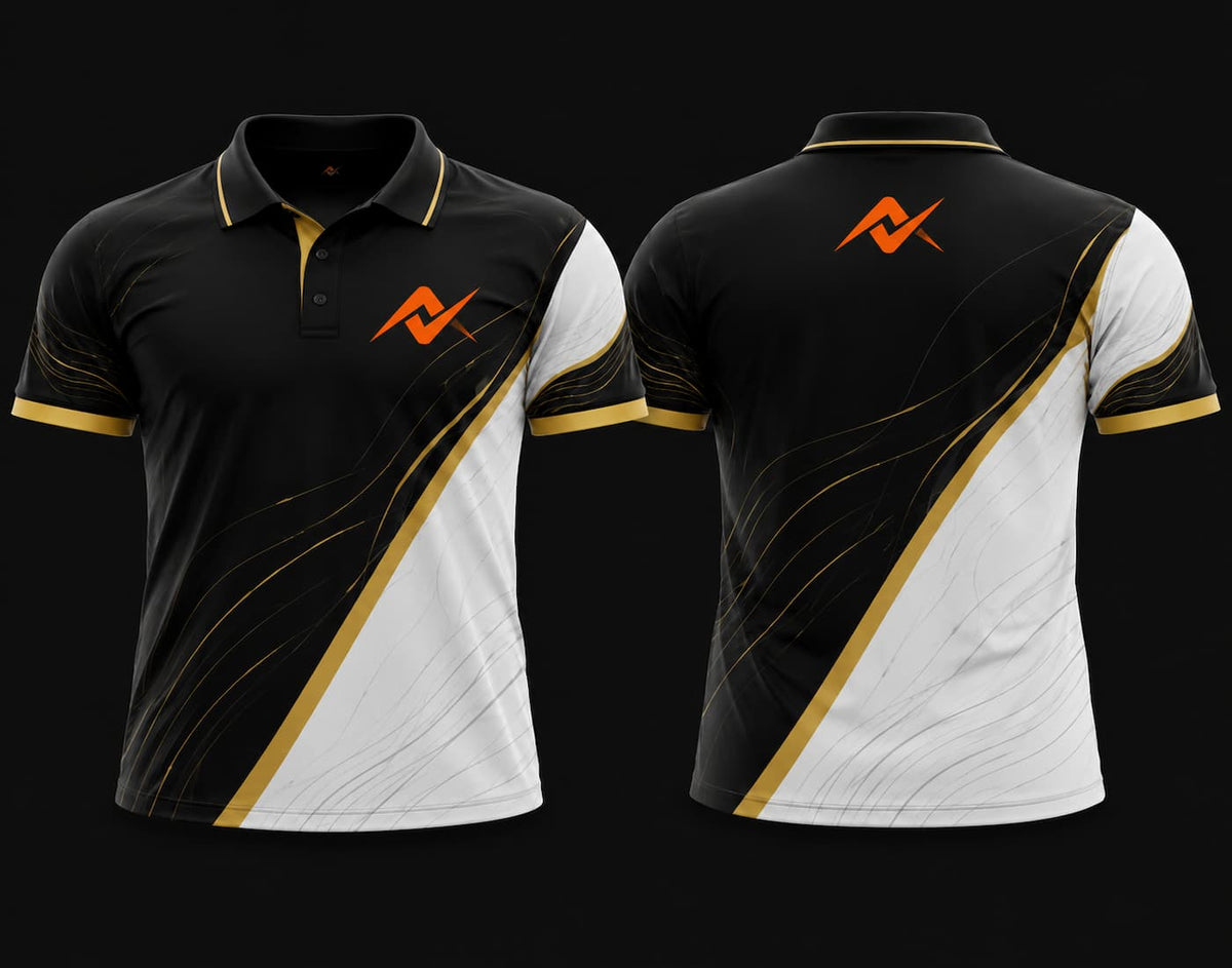 Front and back view of a black, white, and gold Mobile Legends polo collar esports jersey featuring elegant diagonal graphics with an orange team logo on the left chest and upper back.