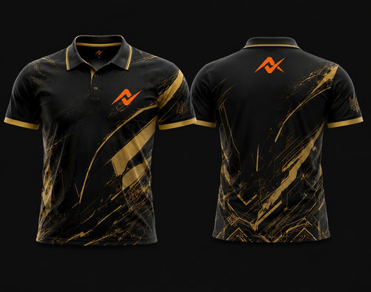 Front and back view of a black and gold Mobile Legends polo collar esports jersey featuring premium abstract gold graphics with an orange logo on the left chest and upper back.