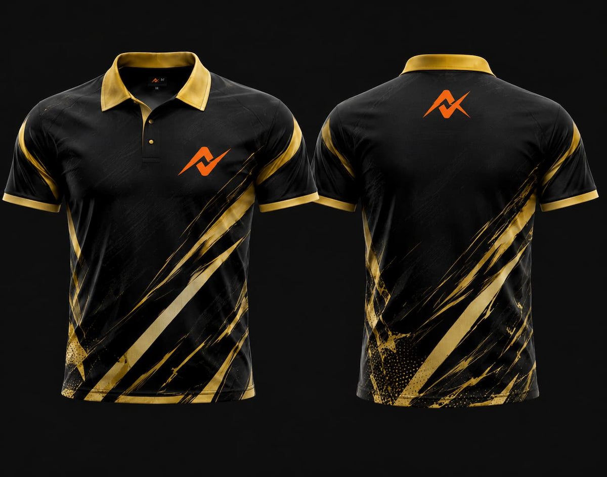 Front and back view of a black and gold Mobile Legends polo collar esports jersey featuring gold brushstroke graphics with an orange logo on the left chest and upper back.
