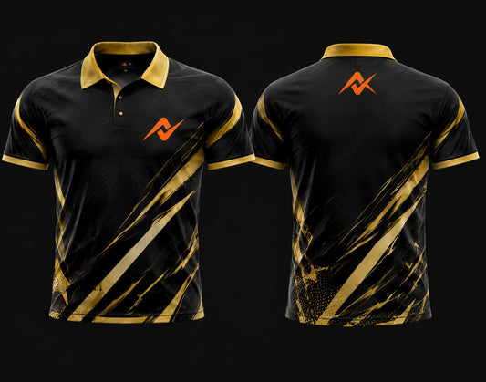 Front and back view of a black and gold Mobile Legends polo collar esports jersey featuring gold brushstroke graphics with an orange logo on the left chest and upper back.