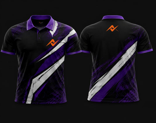 Front and back view of a black, purple, and white Mobile Legends polo collar esports jersey featuring bold diagonal brushstroke graphics with an orange team logo on the left chest and upper back.