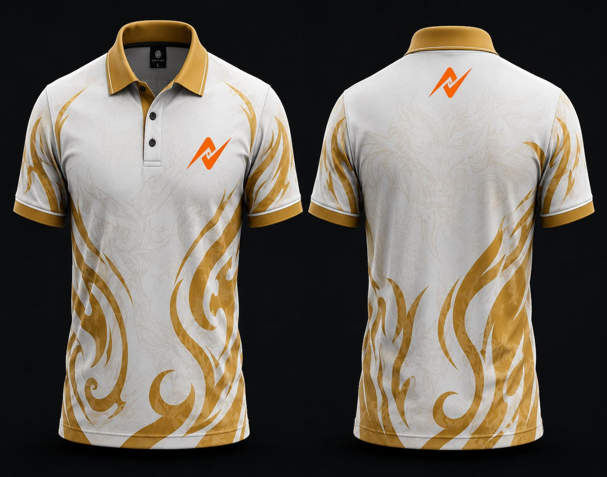 Front and back view of a white and gold Mobile Legends polo collar esports jersey featuring an orange team logo on the left chest and below the back collar with elegant tribal graphics.