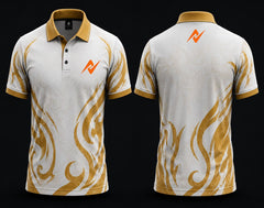 Front and back view of a white and gold Mobile Legends polo collar esports jersey featuring an orange team logo on the left chest and below the back collar with elegant tribal graphics.