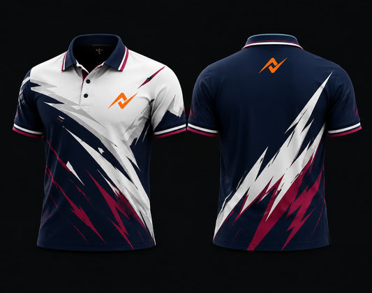 Front and back view of a white, navy blue, and magenta Mobile Legends polo collar esports jersey featuring an orange team logo on the left chest and below the back collar with bold brush-stroke graphics.