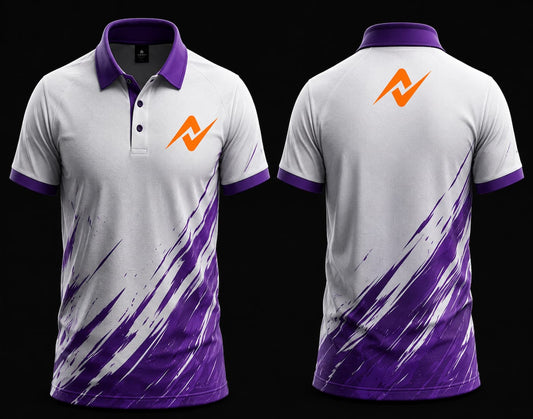 White and purple Mobile Legends inspired polo esports jersey with custom orange logo on the left chest and below the back collar, featuring premium sublimation graphics.