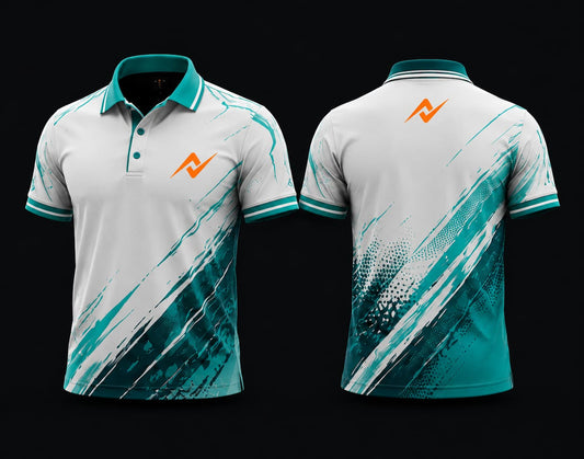 Front and back view of a white and teal Mobile Legends polo collar esports jersey featuring an orange team logo on the left chest and below the back collar with modern brush-stroke graphics.
