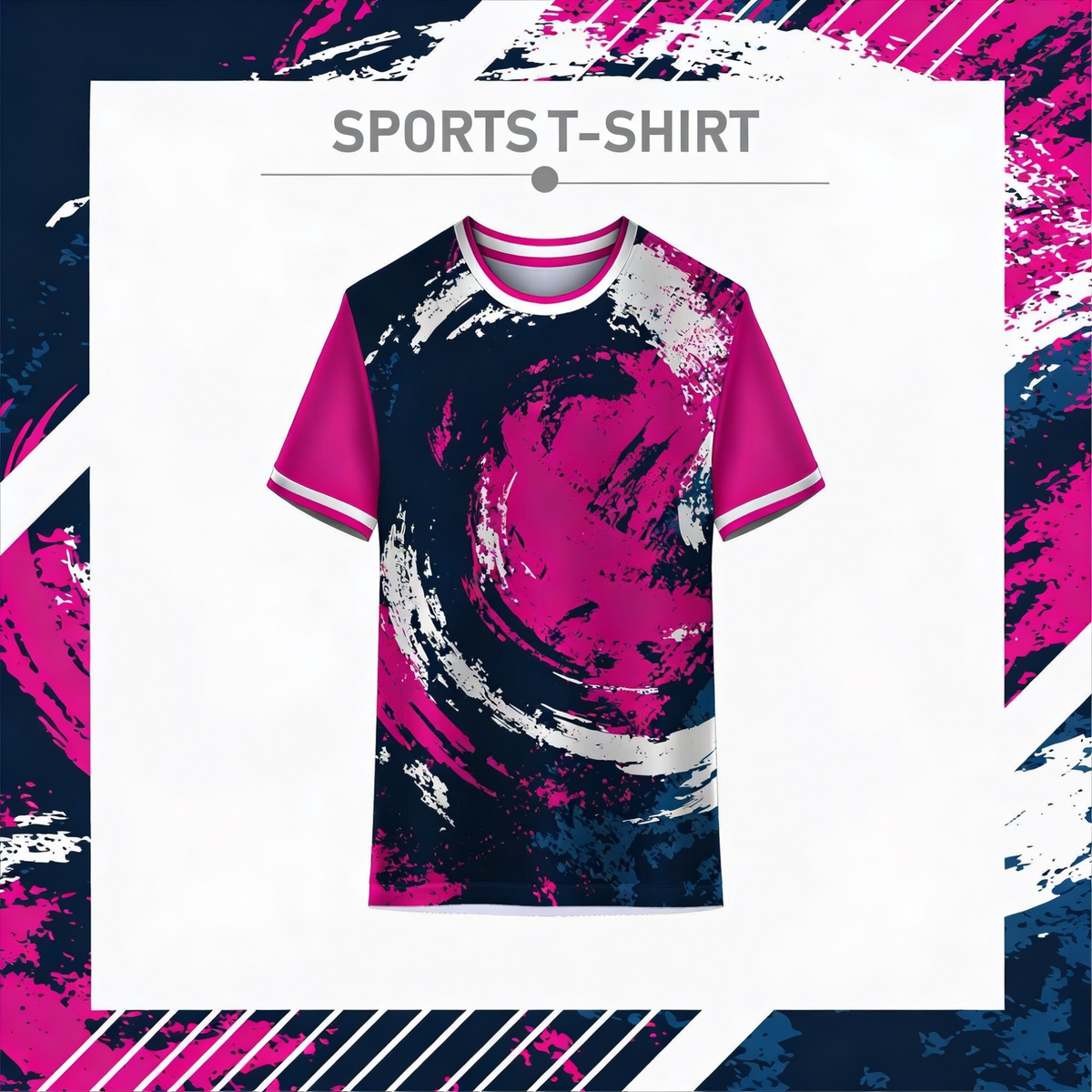 Modern abstract pink and blue sports t-shirt front view