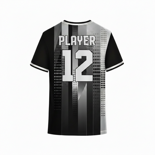 Modern black and grey sports jersey back design with gradient stripe graphics and halftone dot pattern for custom teamwear printing by NextPrint India