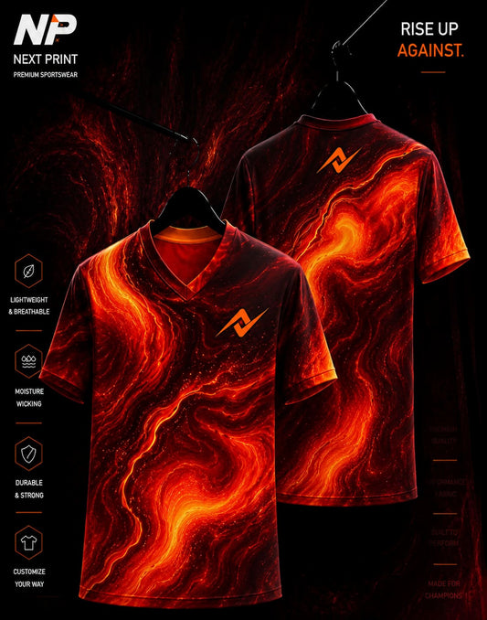 Molten Lava Fire Marble red orange V-neck sublimation sports jersey front and back by Next Print