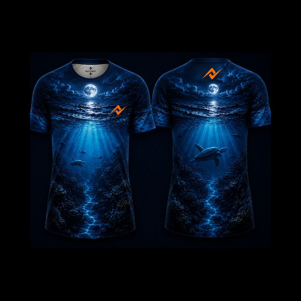 Moonlit Ocean Turtle Sublimation Round Neck Sports Jersey front and back view featuring underwater sea turtle, moonlight ocean artwork, premium performance jersey by Next Print.