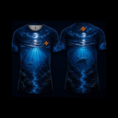Moonlit Ocean Turtle Sublimation Round Neck Sports Jersey front and back view featuring underwater sea turtle, moonlight ocean artwork, premium performance jersey by Next Print.