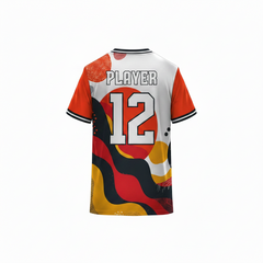 Multicolor custom sports jersey back view with abstract wave pattern in red orange black and yellow for cricket football volleyball and esports teams by NextPrint
