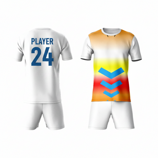 Multicolor geometric pattern activewear t-shirt with white shorts back view