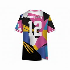 Multicolor geometric sports team jersey back view with abstract pink blue yellow and black pattern design for cricket and football teams by NextPrint