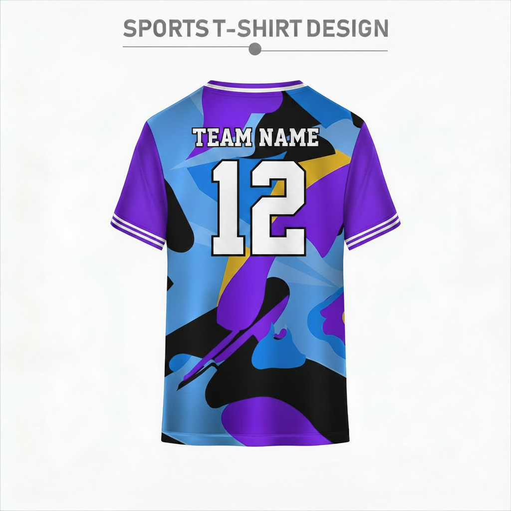Multicolor purple and blue sports t-shirt back design with abstract camouflage pattern for custom team jersey printing by NextPrint India.