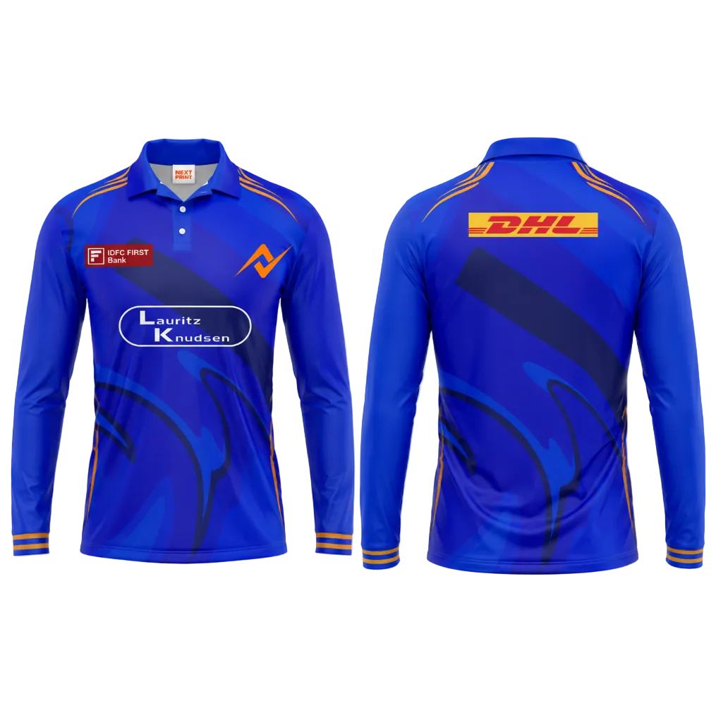 Premium blue polo collar full sleeve cricket fan wear side angle sportswear view