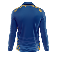 Blue polo collar full sleeve sports fan jersey back side with custom player number
