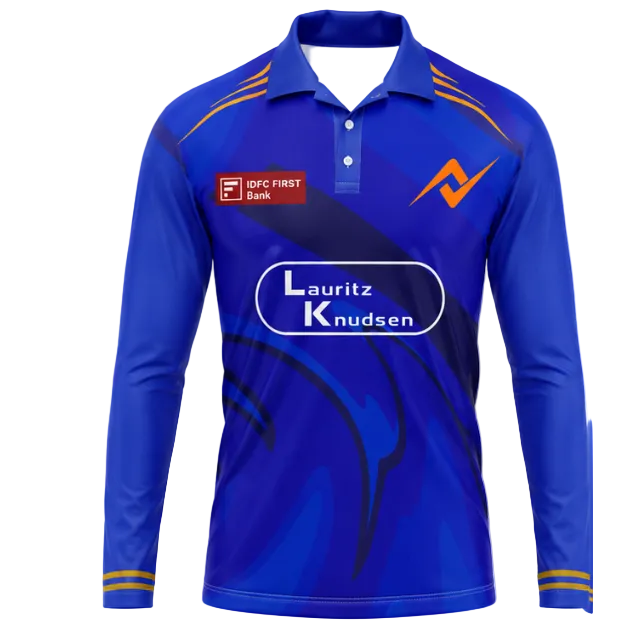 Mumbai inspired blue polo collar full sleeve sports fan t shirt front view