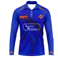 Mumbai inspired blue polo collar full sleeve sports fan t shirt front view