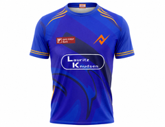 Mumbai inspired blue printed round neck cricket fan jersey front view