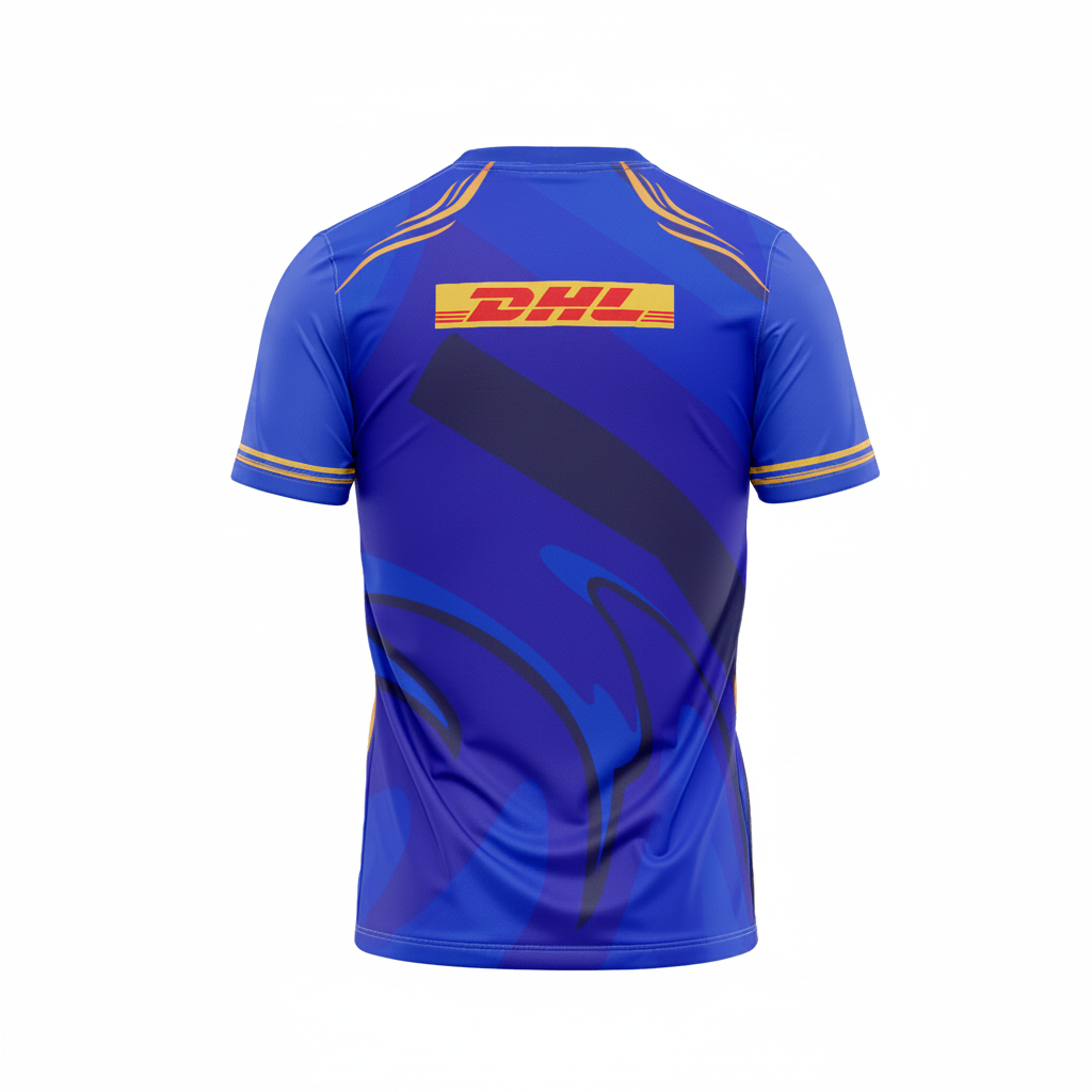 Blue printed V neck cricket jersey back side with custom player number
