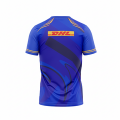 Blue printed V neck cricket jersey back side with custom player number