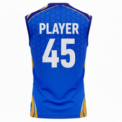 Blue sleeveless cricket jersey back side with custom player number