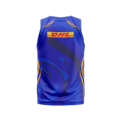 Blue sleeveless cricket fan wear back side with custom player number