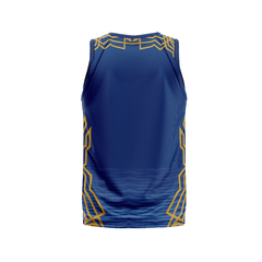 Blue sleeveless V neck sports fan t shirt back side with custom player number
