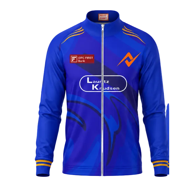 Mumbai inspired blue sports fan zipper jacket front view