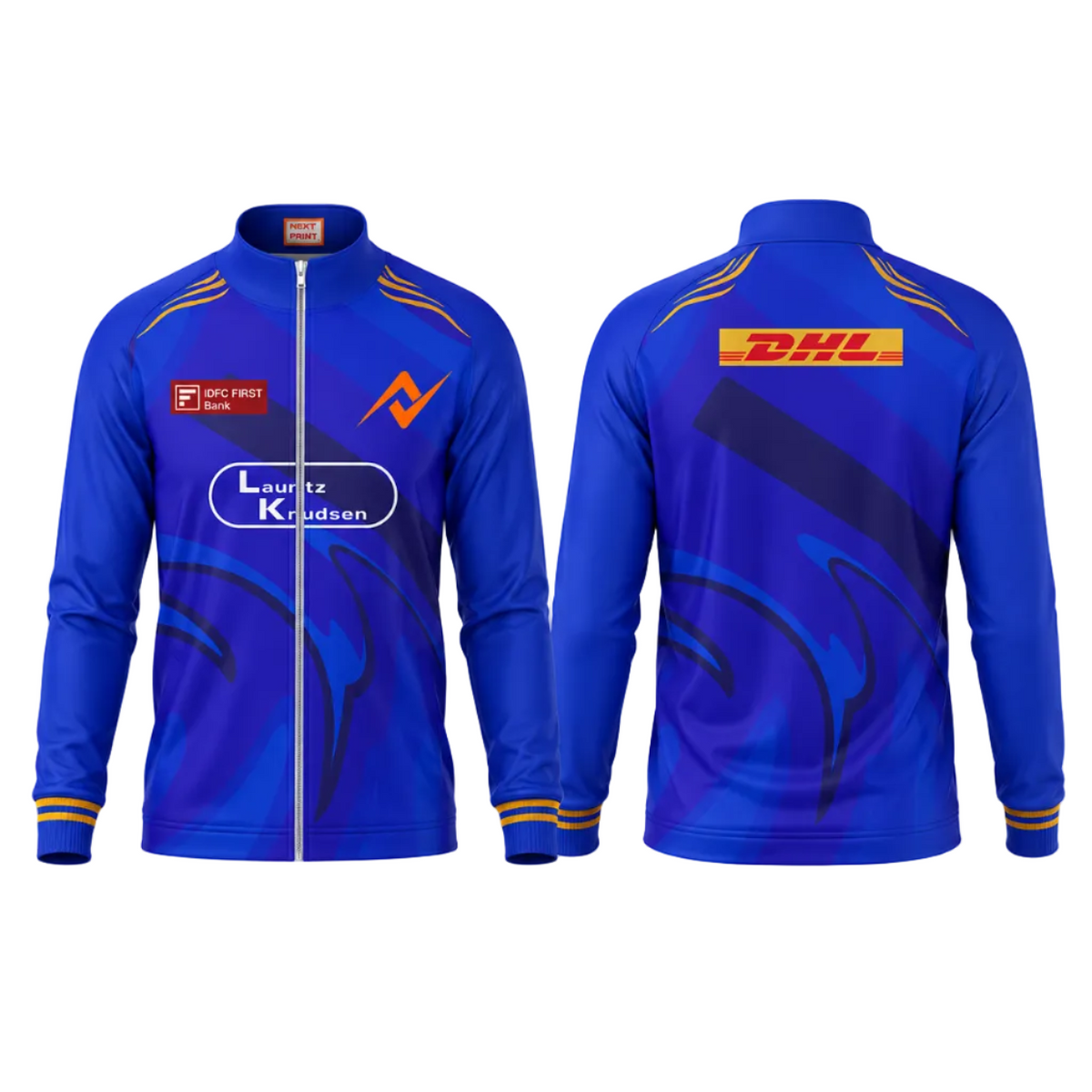 Premium blue sports fan zipper jacket side angle sportswear view