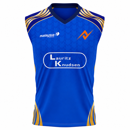 Mumbai inspired blue V neck sleeveless cricket fan jersey front view