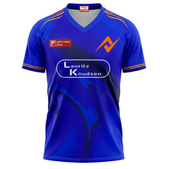 Mumbai inspired blue V neck sports fan jersey front view