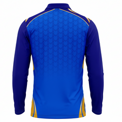 Premium blue gold full sleeve cricket fan jersey side angle sportswear view