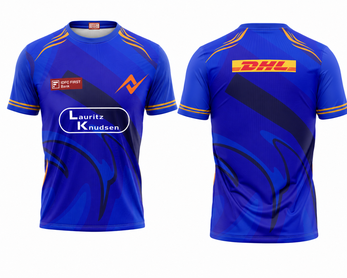 Premium blue printed round neck cricket fan jersey side angle sportswear view