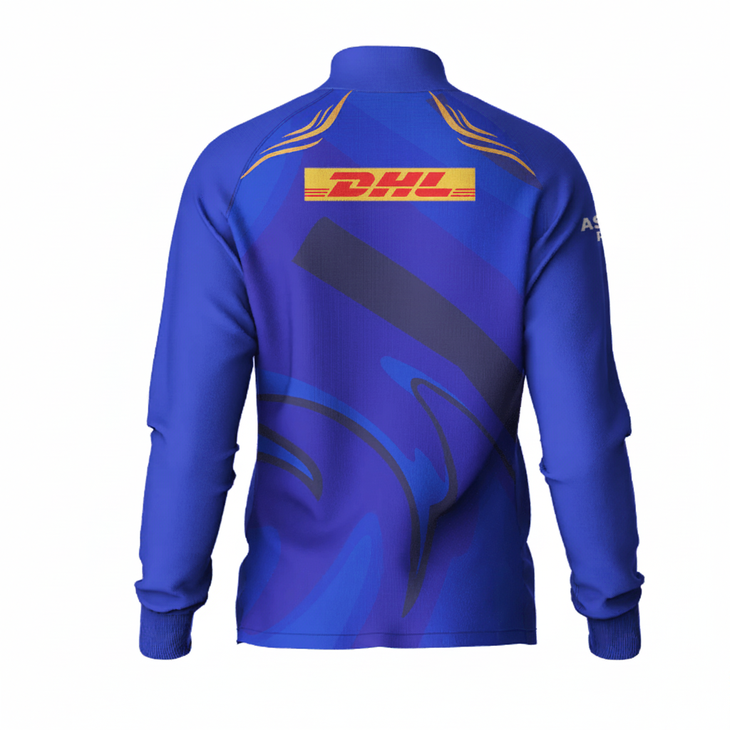 Premium royal blue performance fan jacket backside with custom player print