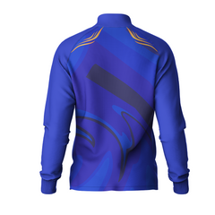 Premium royal blue performance jacket backside with custom player print