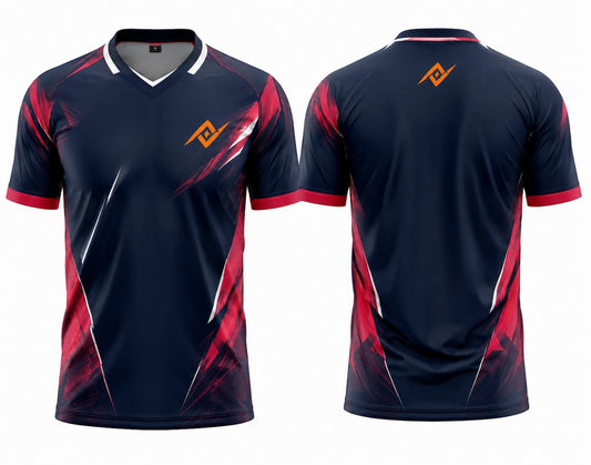 Front and back view of a navy blue and crimson red V-neck cricket jersey featuring dynamic side graphics with custom logo placement on the chest and below the back neckline.